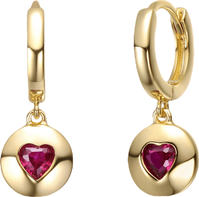 Sterling Silver 14K Gold Plated with Red Cubic Zirconia Dangle Earrings
