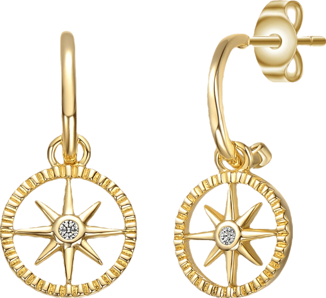 14K Gold Plated Cubic Zirconia Guiding Star Compass Dangle Earrings