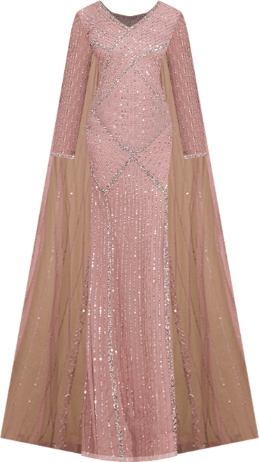 Women's Long Sleeve Beaded Gown with Cape