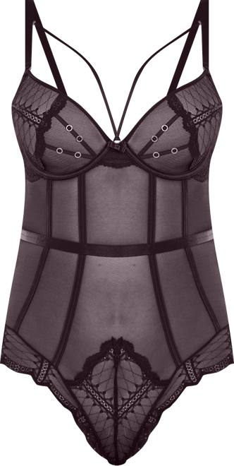 Women's Grommets Lace and Mesh Lingerie Bodysuit with Scalloped Cheeky Back