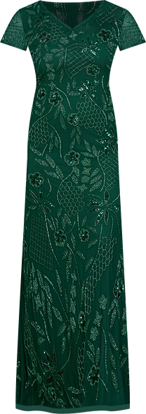 Women's V-Neck, Short Sleeve Beaded Gown