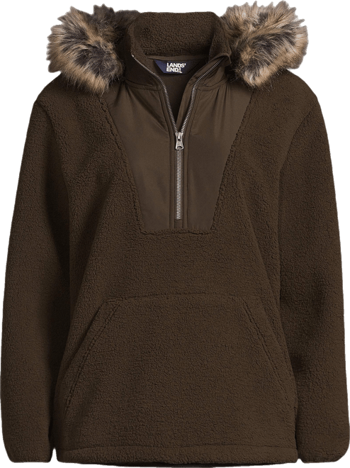 Women's Hooded Half Zip Faux Fur High Pile Fleece Pullover