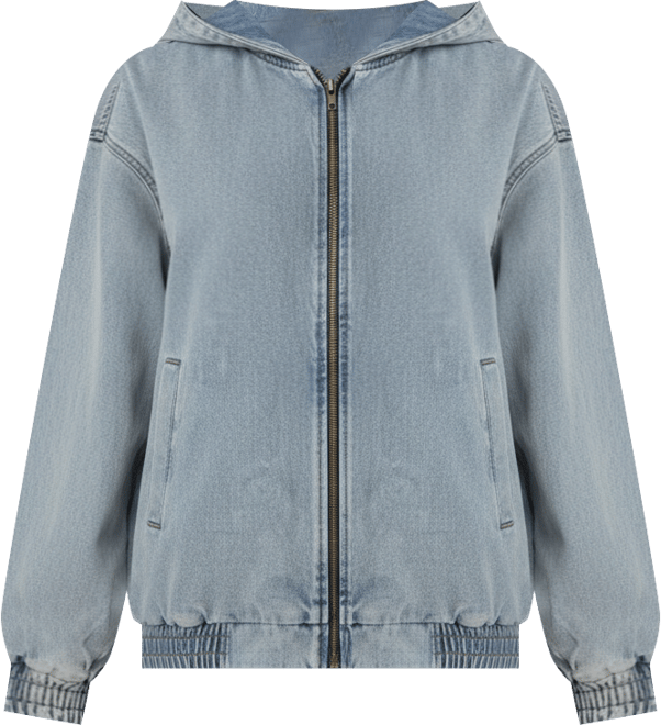 Womens Hooded Vintage Washed Denim Bomber Jacket