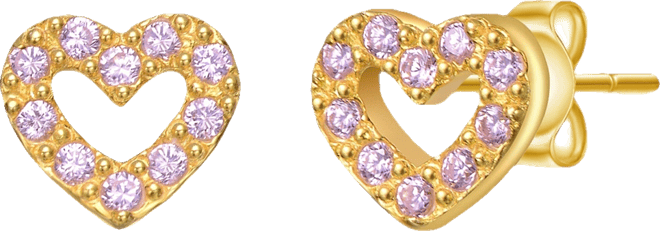Sterling Silver 14K Gold Plated with Paved Colored Cubic Zirconia Heart Stud Earrings