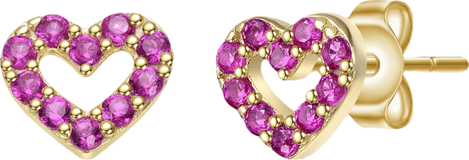 Sterling Silver 14K Gold Plated with Paved Colored Cubic Zirconia Heart Stud Earrings