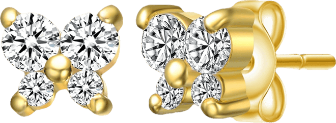 Sterling Silver 14K Gold Plated Cubic Zirconia Four-Stone Butterfly Cluster Stud Earrings