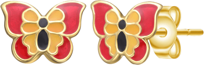 Sterling Silver 14K Gold Plated Red, Black & Yellow Enamel Butterfly Stud Earrings