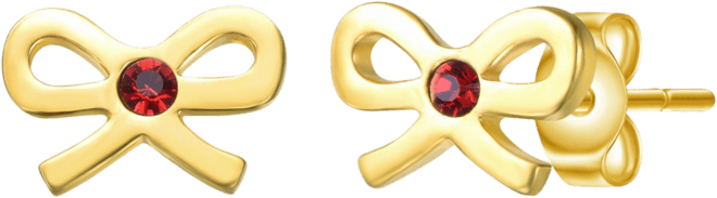 Sterling Silver 14K Gold Plated Red Velvet Cubic Zirconia Ribbon Bow Tie Stud Earrings