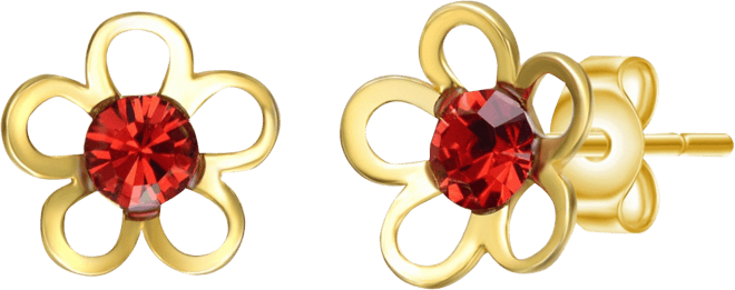 Sterling Silver 14K Gold Plated with Red cubic zirconia Daisy Flower Stud Earrings