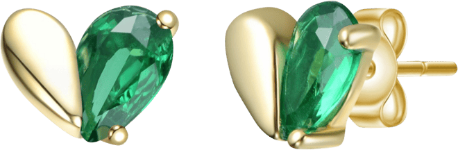 Sterling Silver 14K Gold Plated with Colored Cubic Zirconia Heart Stud Earrings