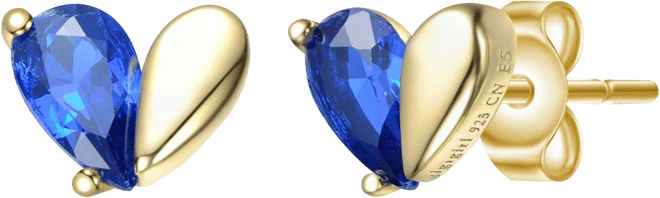 Sterling Silver 14K Gold Plated with Colored Cubic Zirconia Heart Stud Earrings