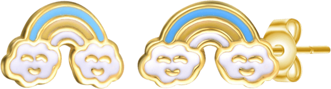 Sterling Silver 14K Gold Plated Colorful Rainbow Enamel & Friendly Cloud Stud Earrings