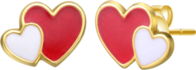 Sterling Silver 14K Gold Plated Red & White Enamel Double Heart Stud Earrings