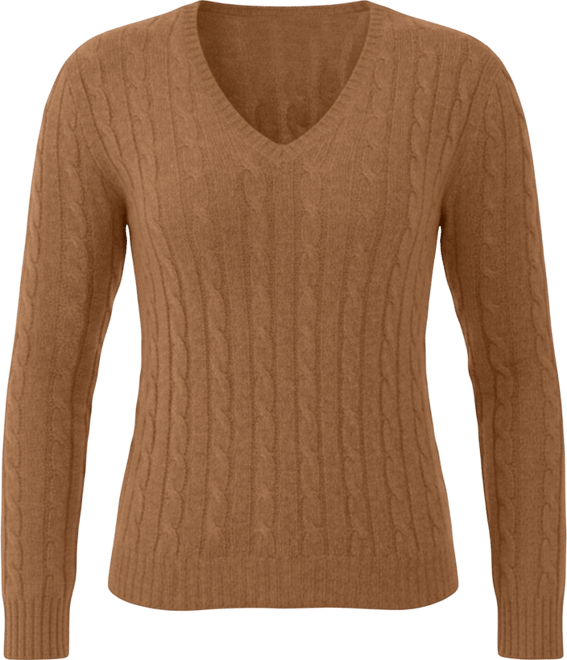 Women's 100% Cashmere Cable-knit Long Sleeve Pullover V Neck Sweater