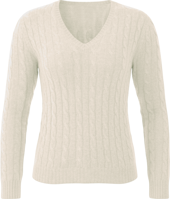 Women's 100% Cashmere Cable-knit Long Sleeve Pullover V Neck Sweater