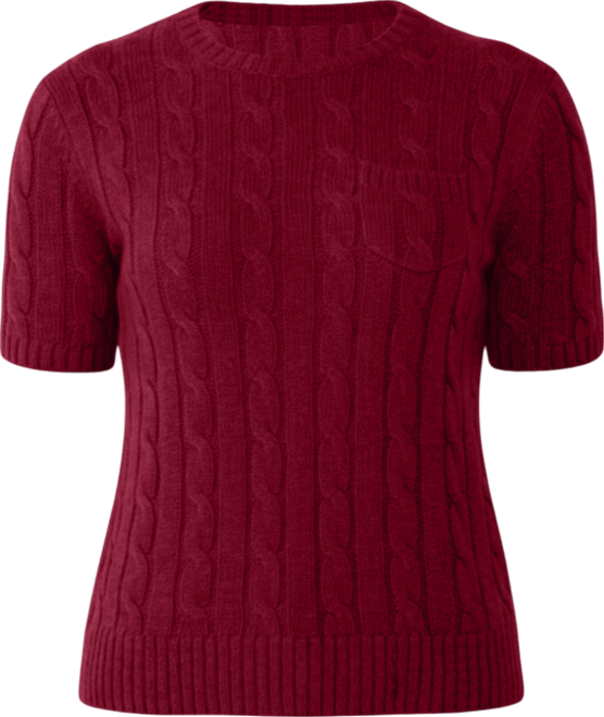 Women's 70% Wool 30% Cashmere Chuncky Cable-knit Crewneck Short Sleeve Sweater