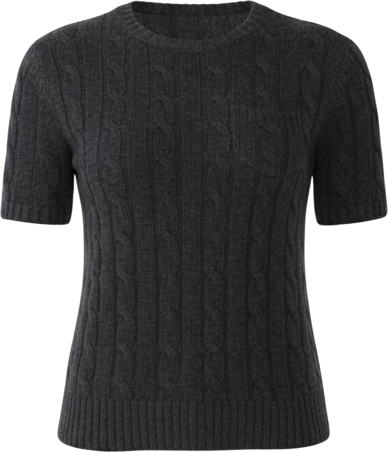 Women's 70% Wool 30% Cashmere Chuncky Cable-knit Crewneck Short Sleeve Sweater