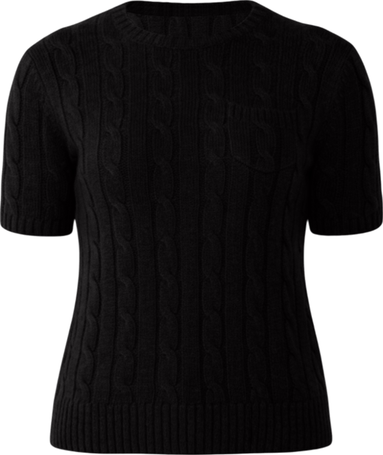 Women's 70% Wool 30% Cashmere Chuncky Cable-knit Crewneck Short Sleeve Sweater