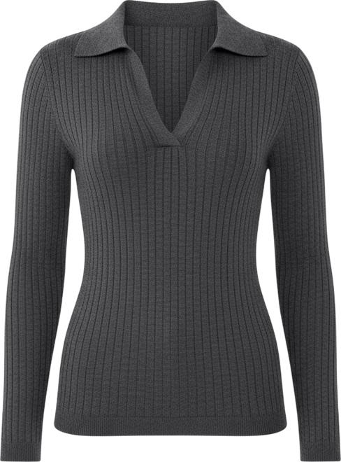 Women's Tissue Weight Cashmere Silk Rib-knit Johnny Collar Polo Sweater