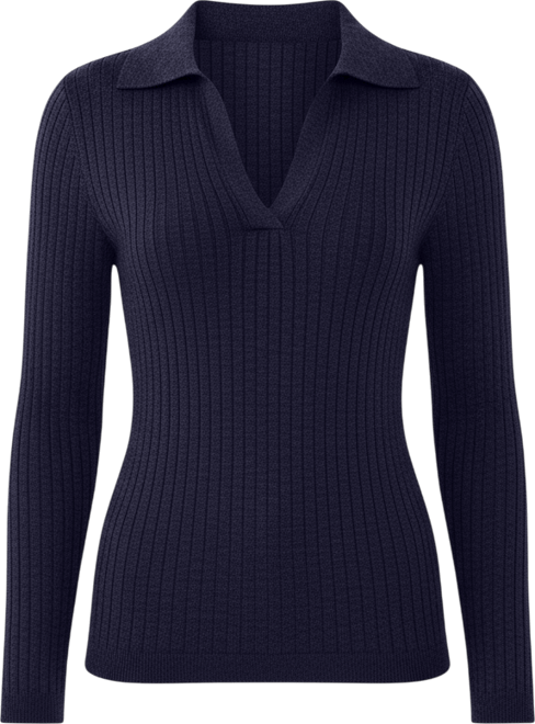 Women's Tissue Weight Cashmere Silk Rib-knit Johnny Collar Polo Sweater