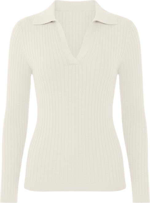 Women's Tissue Weight Cashmere Silk Rib-knit Johnny Collar Polo Sweater