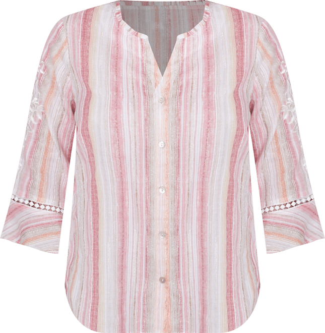Women's Coming Up Roses Striped Button Down Embroidered Sleeve Top