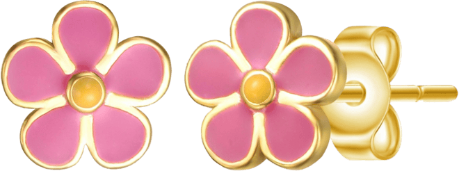 Sterling Silver 14K Gold Plated Fuchsia-Pink & Yellow Enamel Daisy Stud Earrings