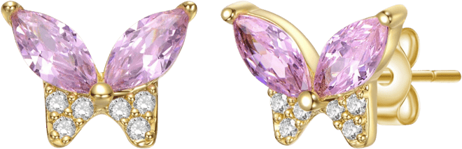 14k Gold Plated with Pink Cubic Zirconia Butterfly Stud Earrings