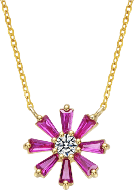 Sterling Silver 14K Gold Plated Flower Necklace with Red Cubic Zirconia Petals