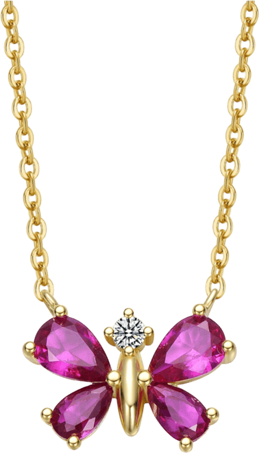 Sterling Silver 14K Gold Plated Butterfly Necklace with Red Cubic Zirconia