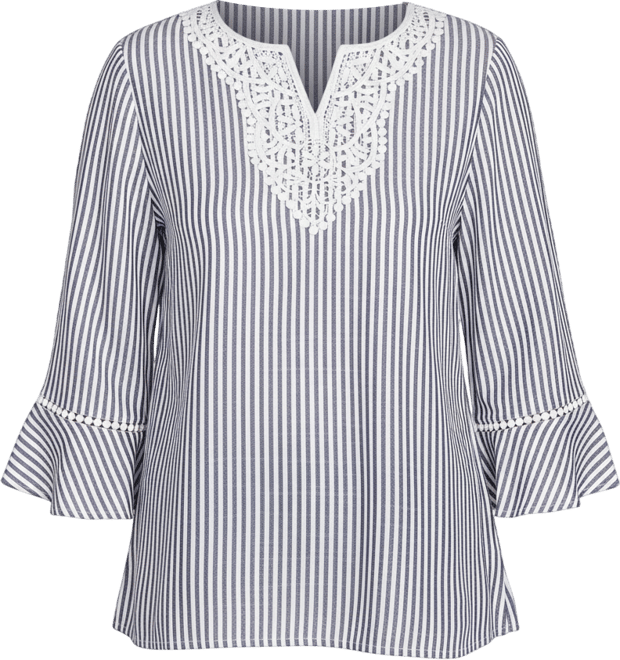 Women's Classic Embroidered Split Neck Striped Top