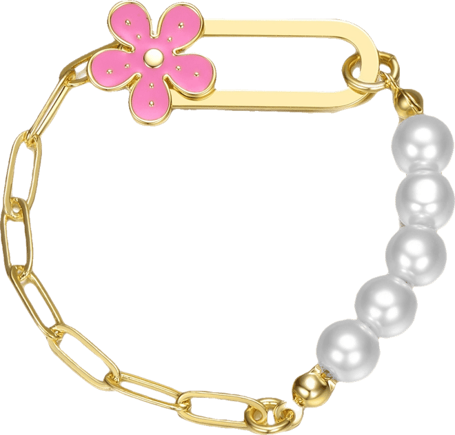 14K Gold Plated Bracelet with Pearls and Enamel Flower Clasp