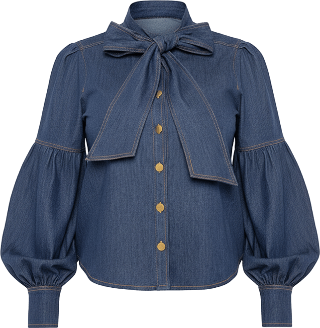 Women's Plus Size Bow Neck Puff Sleeve Denim Blouse
