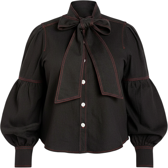 Women's Plus Size Bow Neck Puff Sleeve Denim Blouse