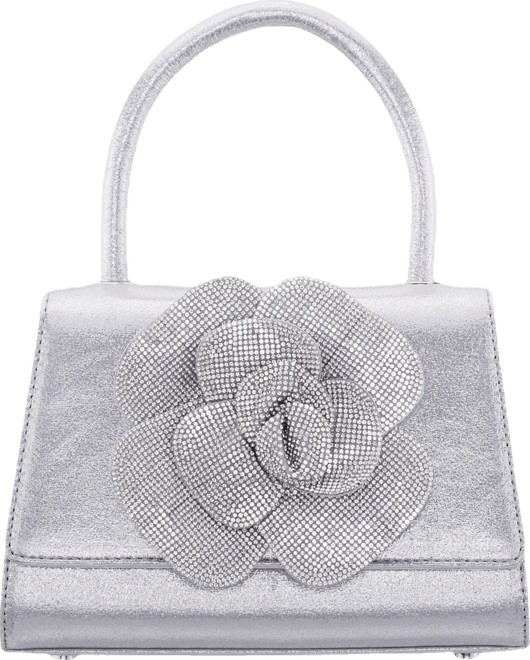 Crystal Flower Embellished Metallic Satchel Bag