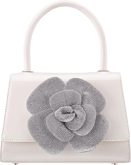 Crystal Flower Embellished Patent Satchel Bag