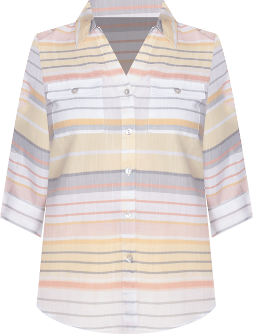 Women's Dress Code Button Down Striped Cuffed Sleeve Top