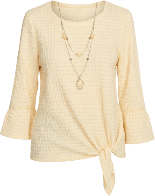 Women's Flower Power Tie Front Textured Top with Necklace