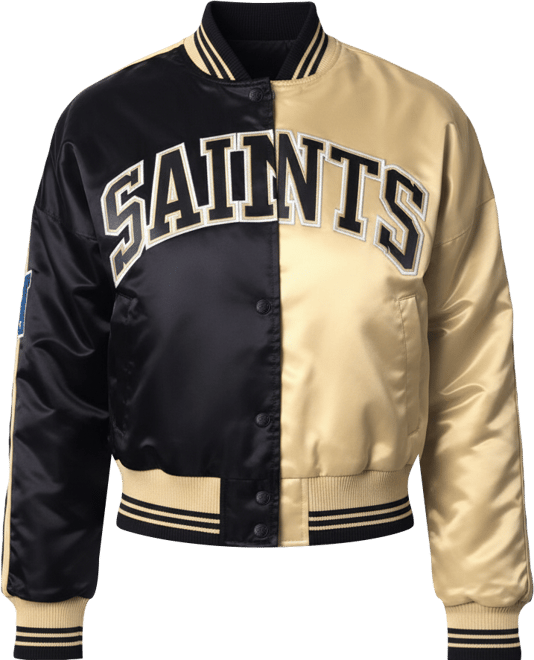 Women's Black/Gold New Orleans Saints Zone Blitz Cropped Full-Snap Satin Jacket