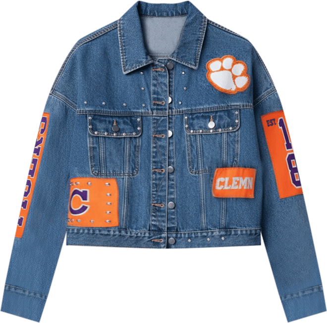 Women's Denim Clemson Tigers Game Ball Patches and Studs Full-Button Jacket