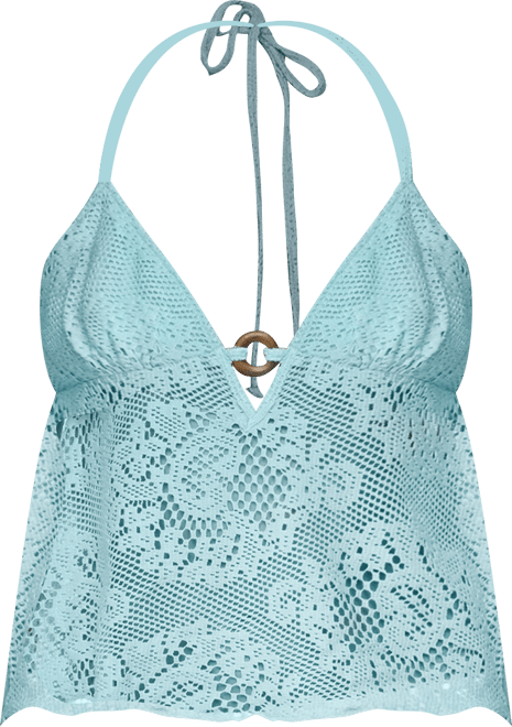 Womens Sheer Crochet Babydoll Halter Top