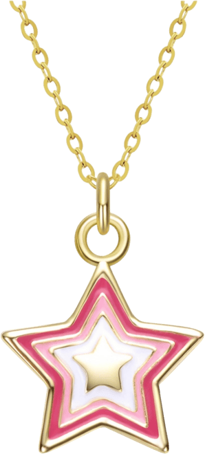 Sterling Silver 14K Gold Plated with Pink & White Enamel Lucky Star Pendant Charm Necklace