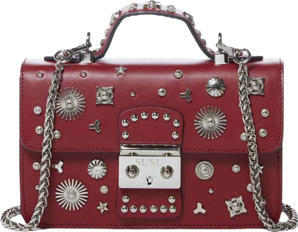 Burgundy Studded Leather Crossbody Bag Small Designer Purse with Top Handle and Embellishments for Women