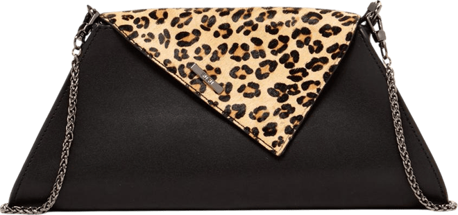 Black Leather Clutch Bag Leopard Unique Evening Purse Women's Handbag