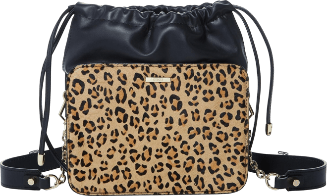 Black Leather Bucket Bag Medium Size Leopard Print Purse for Women with Drawstring Design