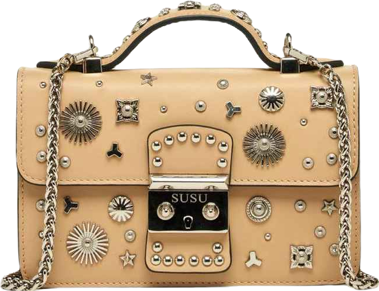Women s Beige Studded Crossbody Bag Designer Leather Shoulder Purse with Top Handle, Structured Handbag with Silver Embellishments