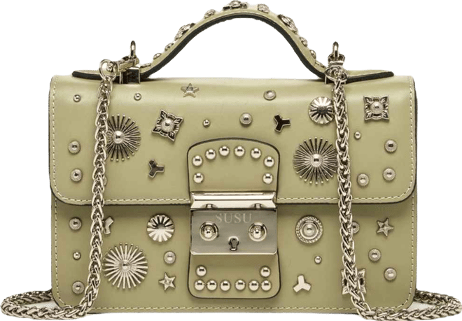 Women s Leather Crossbody Bag Designer Shoulder Purse with Top Handle Statement Handbag with Embellished for Date Night Bag