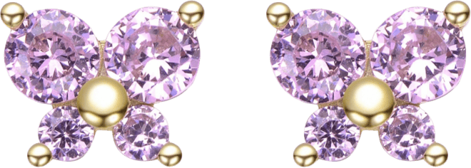 Sterling Silver 14K Gold Plated with Pink Cubic Zirconia Four-Stone Butterfly Cluster Stud Earrings