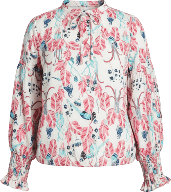Plus Size Puff Sleeve Tie-Neck Peacock Print Blouse