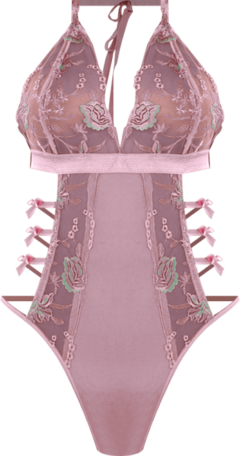 Women's Sheer Embroidered Bodysuit Lingerie with Bow Accents